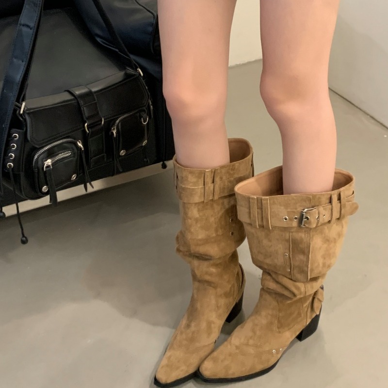 Wide Calf Suede Over Knee Riding Boots 2026 Vintage Chunky Heel Pointed Toe Buckle Pleated Stack Boots for Women - Image 4
