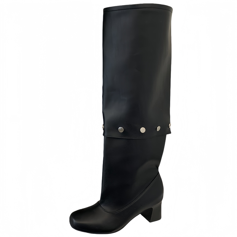 Women's Chunky Heel Riding Boots with Removable Studs, Round Toe, High Shaft, Two-Way Wear, Slim Fit, Winter, Black, Off-White, Dark Brown - Image 5