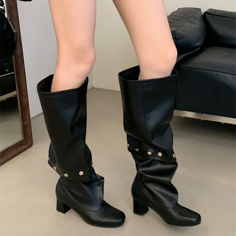 Women's Chunky Heel Riding Boots with Removable Studs, Round Toe, High Shaft, Two-Way Wear, Slim Fit, Winter, Black, Off-White, Dark Brown - Image 2