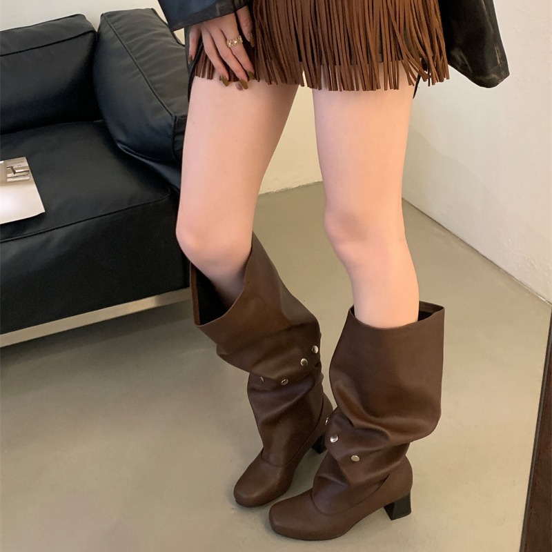 Women's Chunky Heel Riding Boots with Removable Studs, Round Toe, High Shaft, Two-Way Wear, Slim Fit, Winter, Black, Off-White, Dark Brown - Image 4