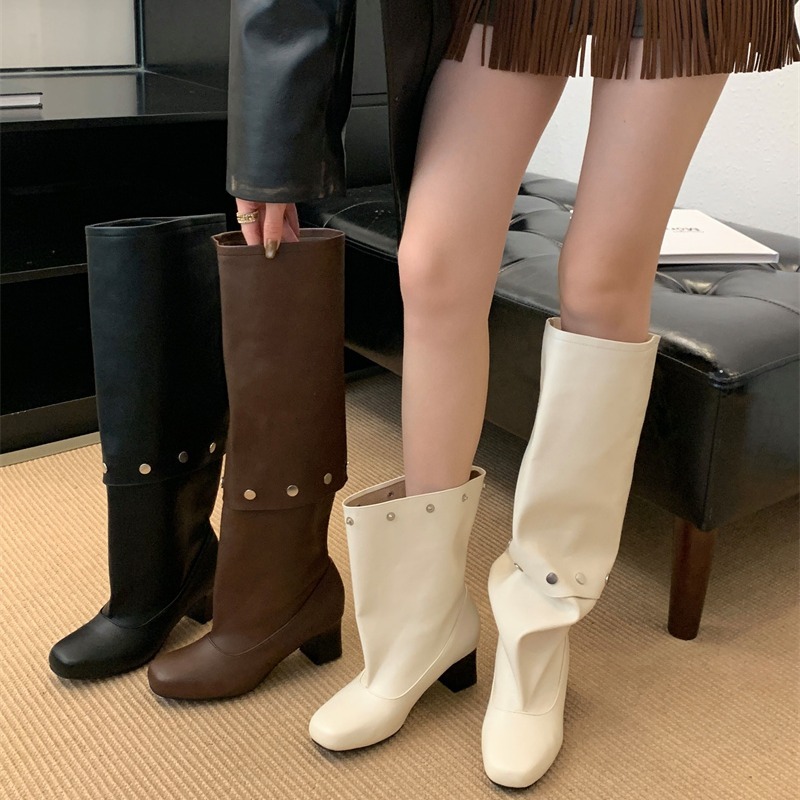 Women’s Chunky Heel Riding Boots with Removable Studs, Round Toe, High Shaft, Two-Way Wear, Slim Fit, Winter, Black, Off-White, Dark Brown