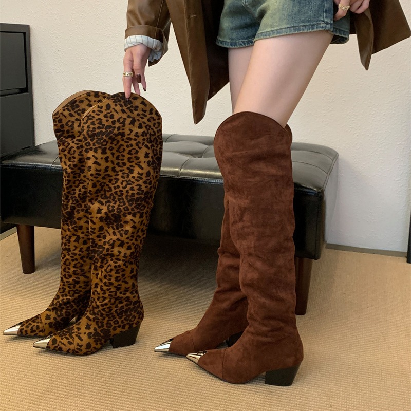 New Autumn Winter Leopard Print Over Knee High Chunky Heel Pointed Toe Boots for Women